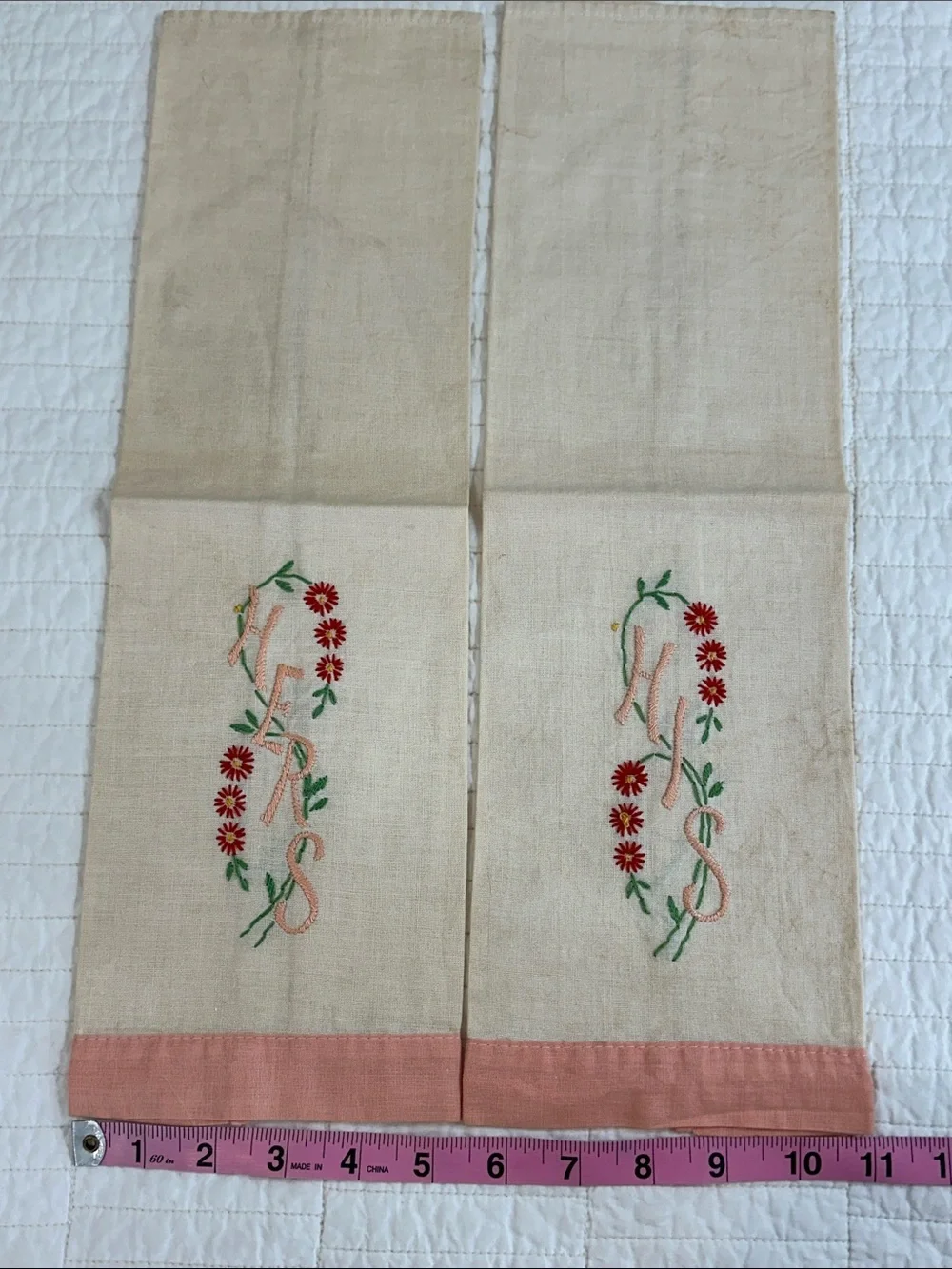 Rare 1940s Hand Embroidered Hers His Linen Guest Towels  Set Fingertip cottage